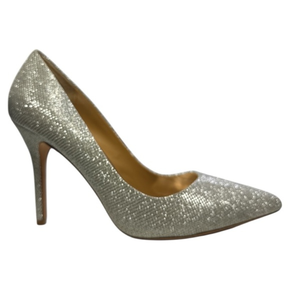 BADGLEY MISCHKA WOMEN’S PONDER SILVER DIAMOND DRILL FABRIC PUMP HEELS SZ 8.5